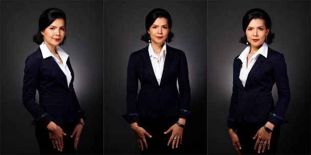 Collage Groupe Half Body Portrait of 40s Asiatique Femme noir cheveux courts blanc veste de costume formel. La femelle se tient debout et pose de nombreux regards sur fond sombre isolé - Photo, image
