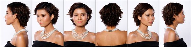 Kollaasi Group Face Head Shot Muotokuva 20s Aasian Nainen musta lyhyt curl hiukset tyyli Kosmeettinen muodostavat helmi kaulakoru. Tyttö seisoo ja kääntyy 360 kulma takana takaisin näkymä valkoinen tausta eristetty - Valokuva, kuva
