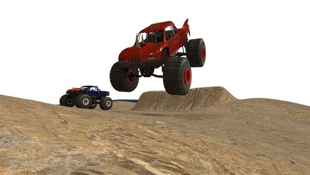 Monster kamiony ilustrace s těžkým odpružením izolované na písku zem  - Fotografie, Obrázek