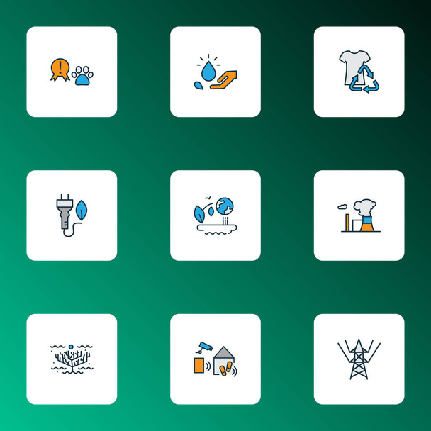 Environment icons colored line set with save the water, eco plug, electrical energy towers and other care elements. Isolated vector illustration environment icons. - Vector, Image