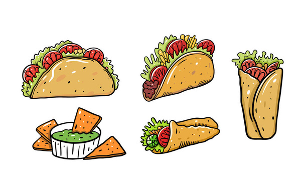 Mexikanisches Essen. Burrito, Taco und Nachos. Zeichentrickvektorillustration. Isoliert auf weißem Hintergrund. - Vektor, Bild