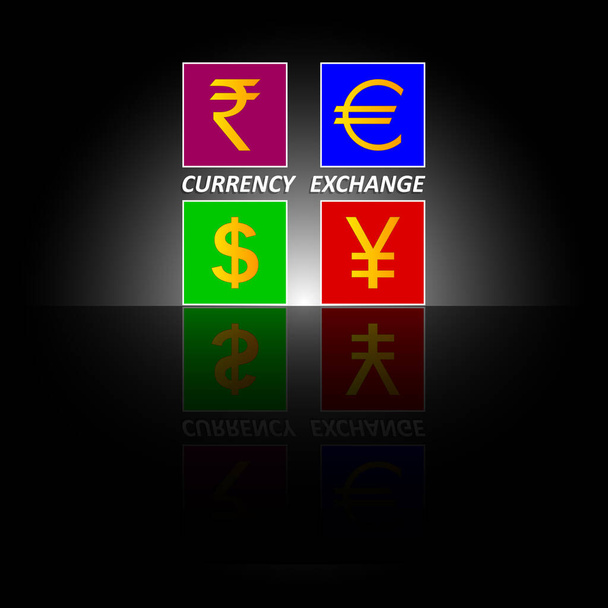A felirat Valutaváltó. A valuták szimbólumai, a különböző országok pénze a fekete hátterű pénzügyi tranzakciókra tükörreflexióval. Pénzügyi társaság, bank, pénzváltó - Vektor, kép