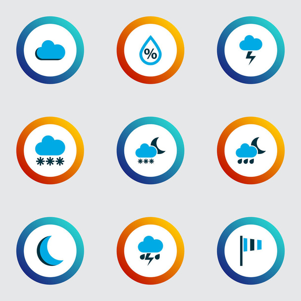 Klimasymbole farbig gesetzt mit Schnee, Schneefall, Mond und anderen Gewitterelementen. Isolierte Ikonen des Klimawandels. - Foto, Bild