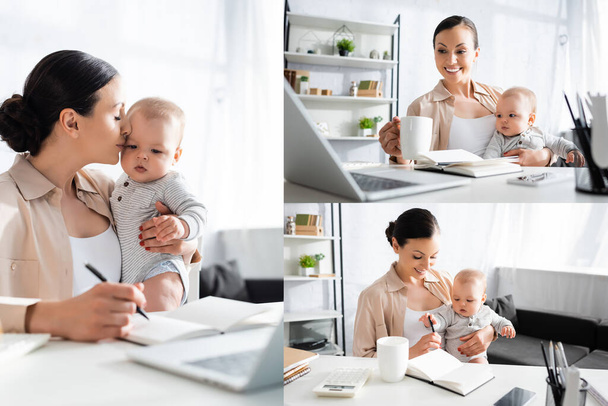 collage of happy freelancer holding in arms infant son and working from home  - Foto, immagini