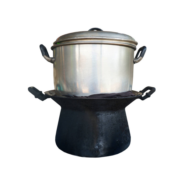 old Steaming pot set is isolated on white background - Photo, Image