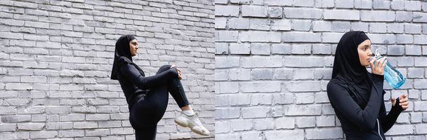 κολάζ ελκυστική μουσουλμάνα γυναίκα άσκηση και πόσιμο νερό κοντά σε τοίχο από τούβλα  - Φωτογραφία, εικόνα