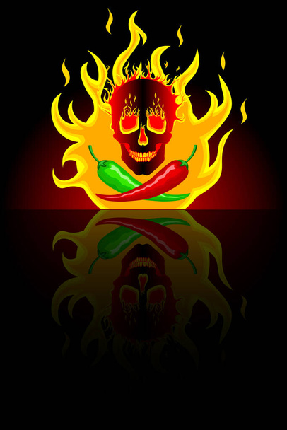 Poivrons mexicains rouges et verts sur fond de feu avec un crâne brûlant. Fond noir avec miroir réfléchissant. Logo, illustration pour mexicain épicé, plats indiens, sauces. Vecteur - Vecteur, image
