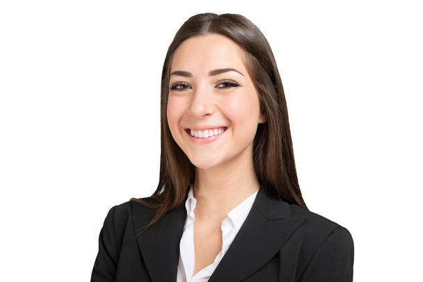 Smiling businesswoman studio portrait, isolated on white background  - Photo, Image