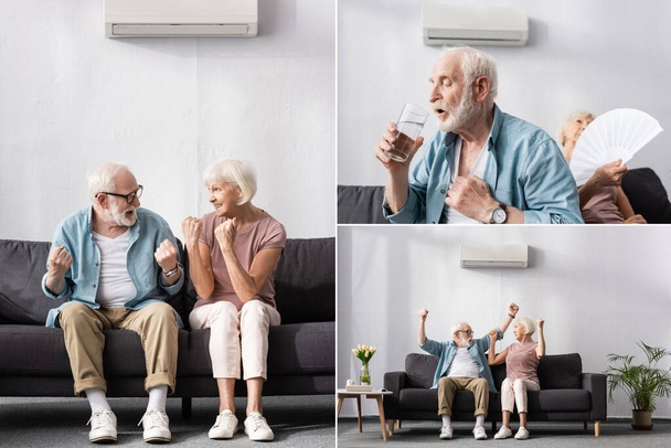 Collage de personnes âgées positives et fatiguées assis sous le climatiseur sur le canapé  - Photo, image