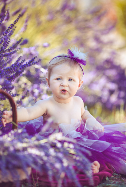 Portrait of an adorable smiling girl in lavender field - Fotografie, Obrázek