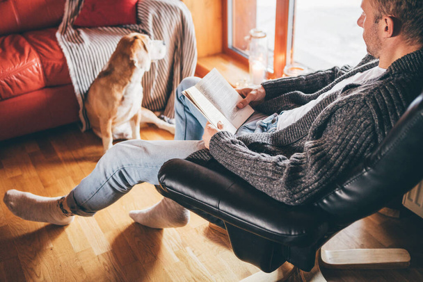 Man reading book on the cozy couch to his beagle dog in cozy home atmosphere. Peaceful moments of cozy home concept image. - Foto, Imagem