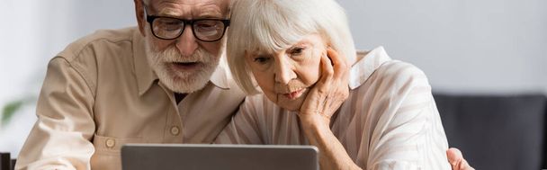 Cultura panorâmica do casal sênior usando laptop em casa
  - Foto, Imagem