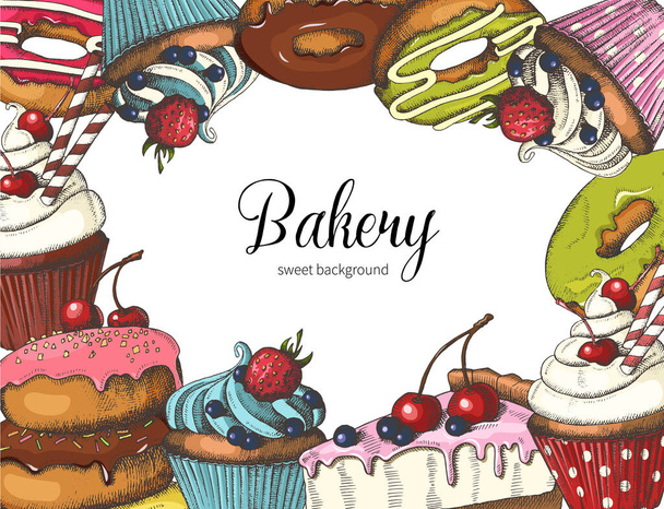 Poster with sweet bakery on black. Hand drawn donuts, cake and cupcakes. Desert design for menu, advertising and banners. Sketch, lettering. - Vector, Image
