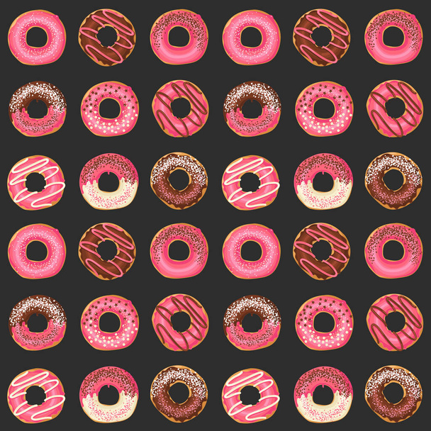Naadloos patroon met Vector Sweet roze geglazuurde donuts met chocolade en poeder. Voedselontwerp. Achtergrond voor behang, webpagina, oppervlaktestructuur, textiel - Vector, afbeelding
