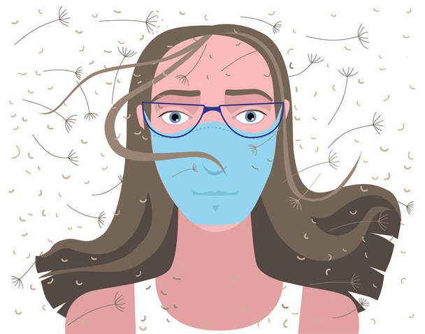 Woman in  medical mask and glasses on a background of flowers - Vector, Image