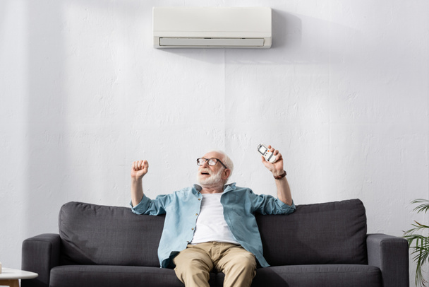 Hombre mayor mostrando sí gesto mientras sostiene el mando a distancia bajo el aire acondicionado en el sofá
  - Foto, imagen