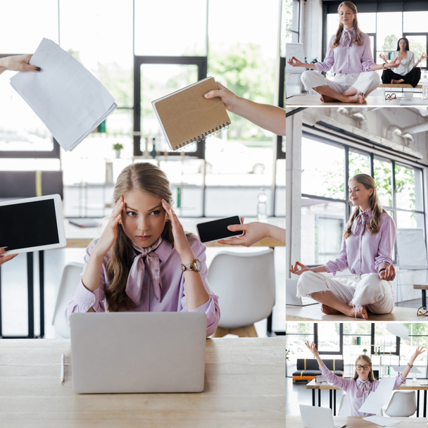 collage de empresaria estresada sentada cerca de compañeros de trabajo sosteniendo gadgets con pantalla en blanco, meditando y sentada en postura de yoga con colega
  - Foto, Imagen