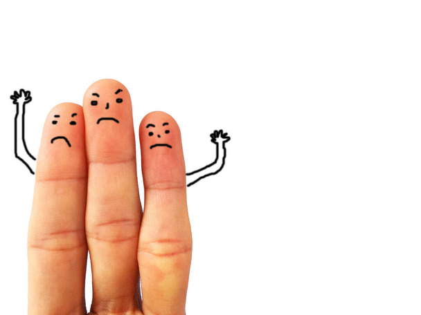 Cartoon Menschen Konzept Idee erstellen Kunst mit dem Finger zwischen Familie und Freund auf weißem Hintergrund - Foto, Bild