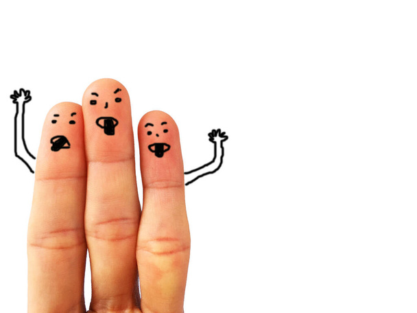 idea de concepto de la gente de dibujos animados crear arte con el dedo entre la familia y el amigo sobre fondo blanco
 - Foto, imagen