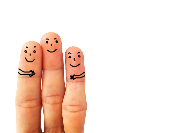 Cartoon Menschen Konzept Idee erstellen Kunst mit dem Finger zwischen Familie und Freund auf weißem Hintergrund - Foto, Bild