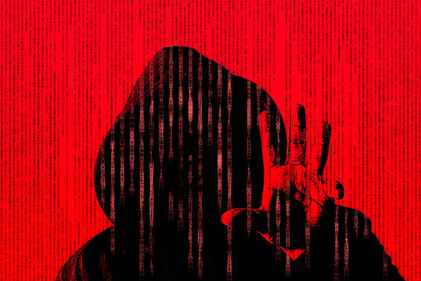 Hacker έννοια στο κόκκινο φόντο με το χέρι του αρπάζοντας κάτι - Φωτογραφία, εικόνα