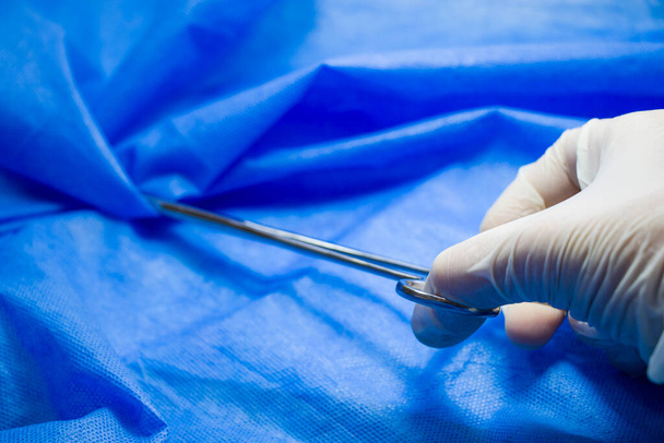 Surgery forceps doctors hand on the blue background, studio shoot. Operation equipment. - Фото, изображение