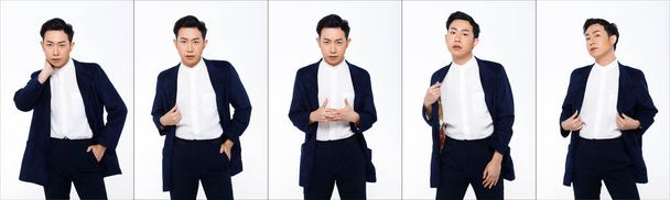 Collage Group half body portrait of 20s Asian man black hair suit jacket pant and sneaker. Office boy stands difference poses view many looks over white Background isolated - Photo, Image