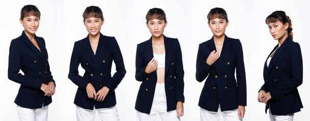 Collage Group Half Body Portré 20-as ázsiai nő barna pia haj kék öltöny nadrág. Lány áll aktus különbség pózol kilátás sok néz át fehér háttér elszigetelt - Fotó, kép