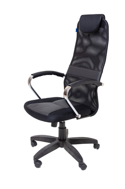 sillón de tela de oficina negro sobre ruedas aisladas sobre fondo blanco. vista lateral
 - Foto, Imagen