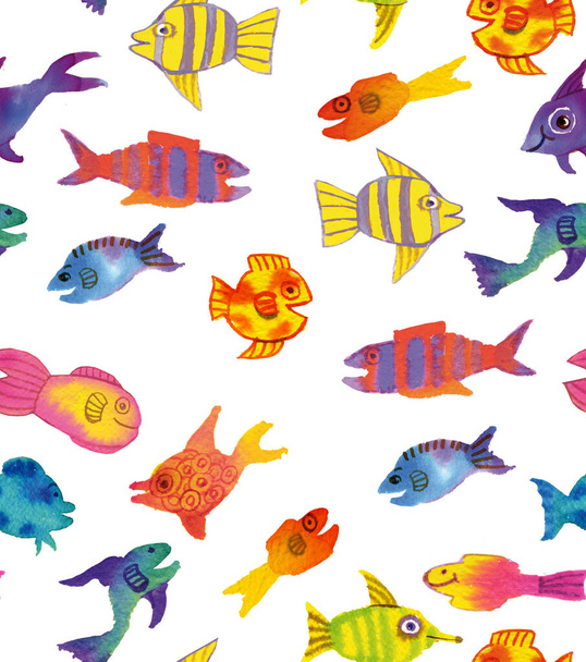 coloured cheerful fishes pattern watercolor illustration handmade painting - Photo, Image