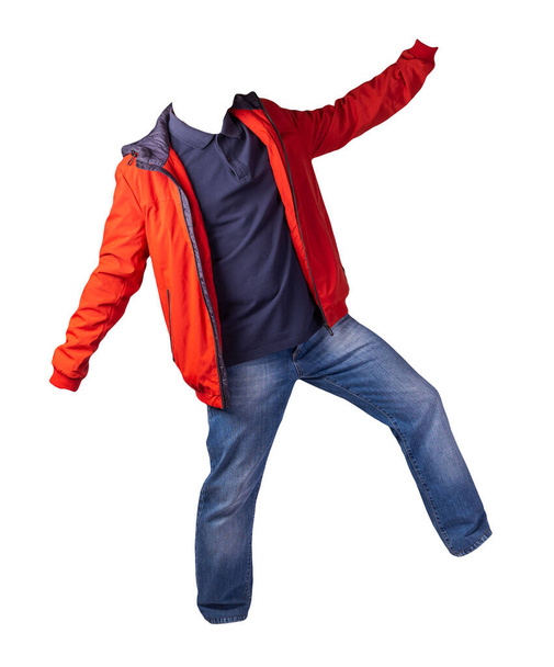 red jacket,dark blue shirt and blue jeans isolated on white background. casual fashion clothes - Φωτογραφία, εικόνα