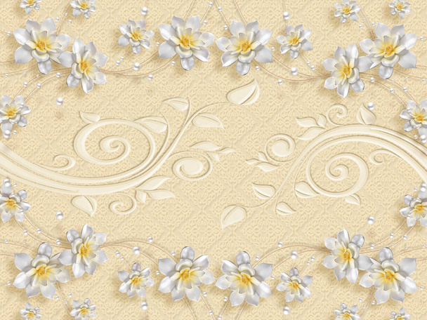3D malowidło ilustracja beżowy marmur dekoracyjne ceramiczne tło ze złotą biżuterią i białe kwiaty, koła dekoracyjne tapety - Zdjęcie, obraz