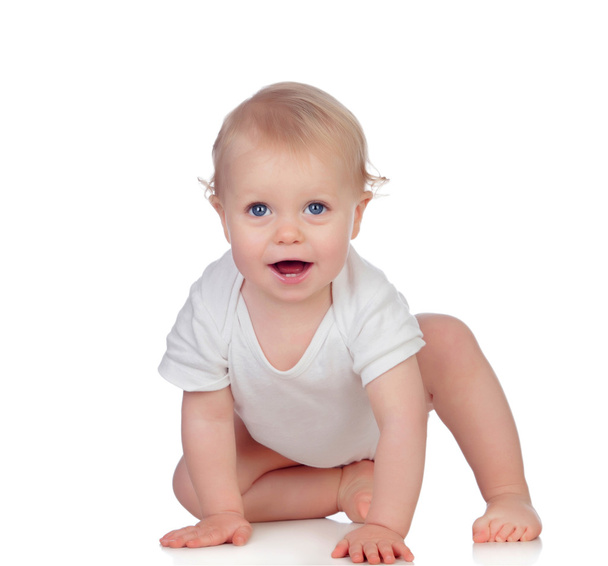 Adorable blonde baby in underwear crawling - Foto, Imagen
