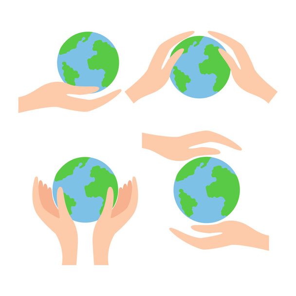 Conjunto de manos humanas sosteniendo el globo terráqueo sobre fondo blanco. Feliz día de la Tierra. Concepto de Ecología. ilustraciones vectoriales
.  - Vector, imagen