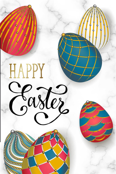 Golden easter eggs with flowers and holiday lettering for easter. Greeting card with Happy Easter lettering on a gold and black luxury background with geometric elements, illustration - ベクター画像