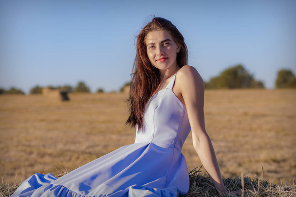 A happy young woman in a blue dress  is sitting on a haystack in a mown field - Fotoğraf, Görsel