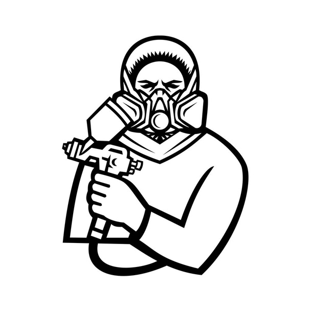 Fekete-fehér kabala illusztráció egy ipari spray festő kezében spray festék és visel maszk vagy festék légzőkészülék elölről nézve elszigetelt háttér retro stílusban. - Vektor, kép