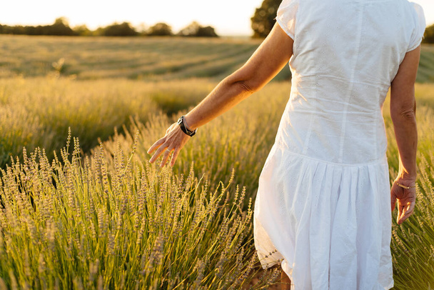 Gyönyörű nő fehér ruhában sétál a levendulamezőn. - Fotó, kép