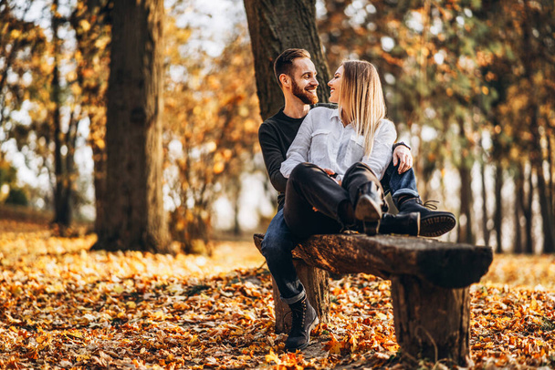A young loving couple sitting on a wooden bench in the forest. Man and woman hugging and smiling on the background of autumn trees. - 写真・画像