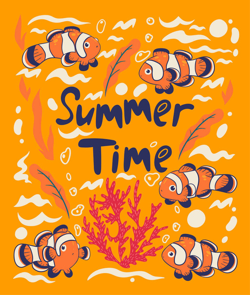 Poster with fish clowns and the inscription summer time. Vector image - Vector, Image