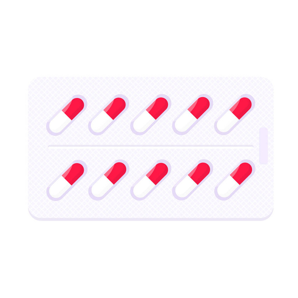 Blister pillola con capsule bianche rosse disegno piatto vettoriale illustrazione. - Vettoriali, immagini