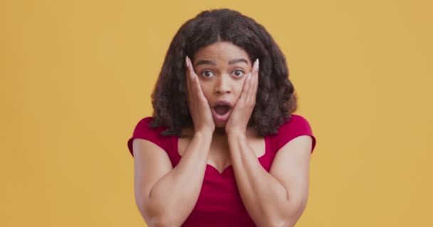 Shocked black woman touching cheeks, feeling amazement - Footage, Video