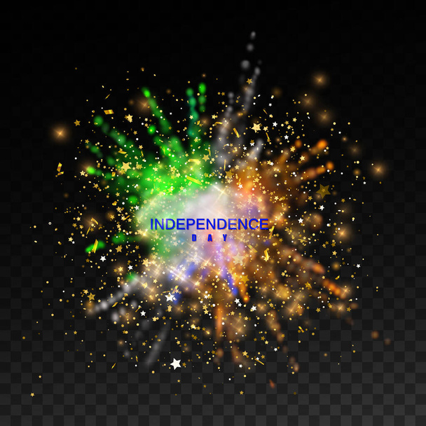 Independence day of India. 15 of August. Powder colorful explosion with Indian flag colors, confetti, tinsel and sparkled stars isolated on transparent checkered background - Διάνυσμα, εικόνα