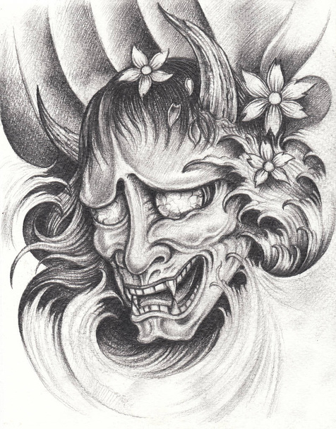 Kabuki Ιαπωνικά Tattoo.Hand μολύβι σχέδιο σε χαρτί. - Φωτογραφία, εικόνα