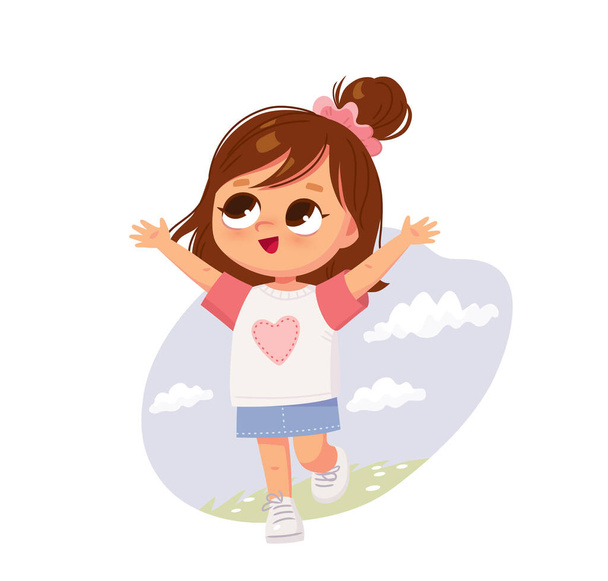 Portrait of a cute little running girl. Happy child. Play in the fresh air. Play outside. - Vettoriali, immagini