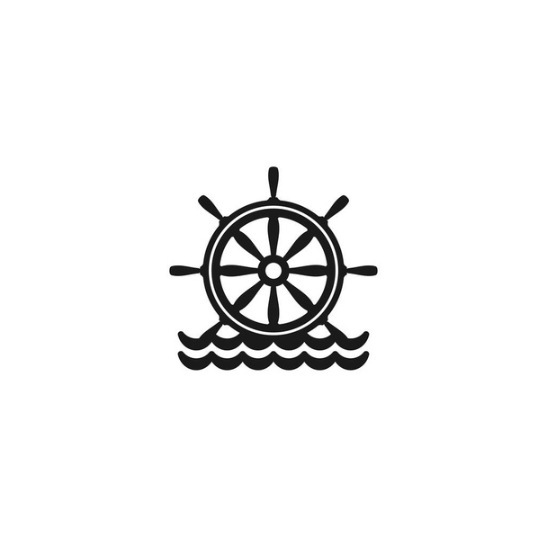Flat black silhouette of helm on the water. Black symbol isolated on white background. Summertime marine logo with steering wheel . Travel rudder logo. Vector illustration. - Vektori, kuva