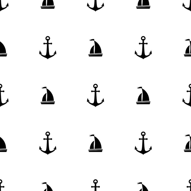 Nautical seamless pattern with black anchors and boats on white. Ship and boat style ornament. Marine background with. Summer vector flat illustration. - Wektor, obraz