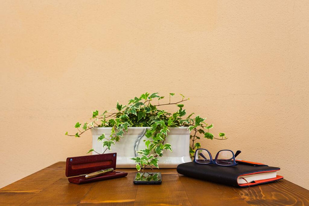 A close up shot of a house plant, notebook, glasses, phone and a pen on a wooden table - Foto, immagini