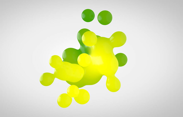 3Dで黄緑色のプラスチック製のメタボール。小さな滴は液体球から分離され、白い背景に一緒に接続されています。3Dレンダリングによる液体分子の崩壊. - 写真・画像