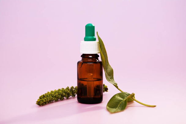 A closeup of medicinal leaf extracts in a medicine bottle over a pink background - Foto, afbeelding